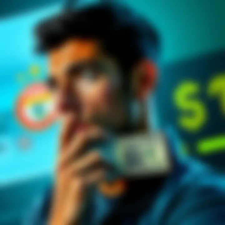 A person contemplating a decision on betting, with sports team logos and a cash amount displayed.