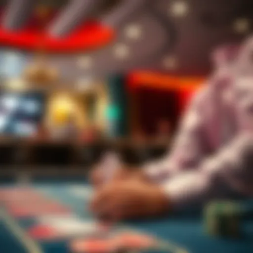 A person placing a bet at a casino table with chips and cards visible