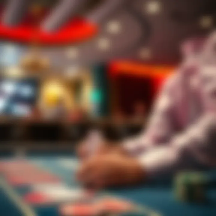 Betting at a Casino A person placing a bet at a casino table with chips and cards visible