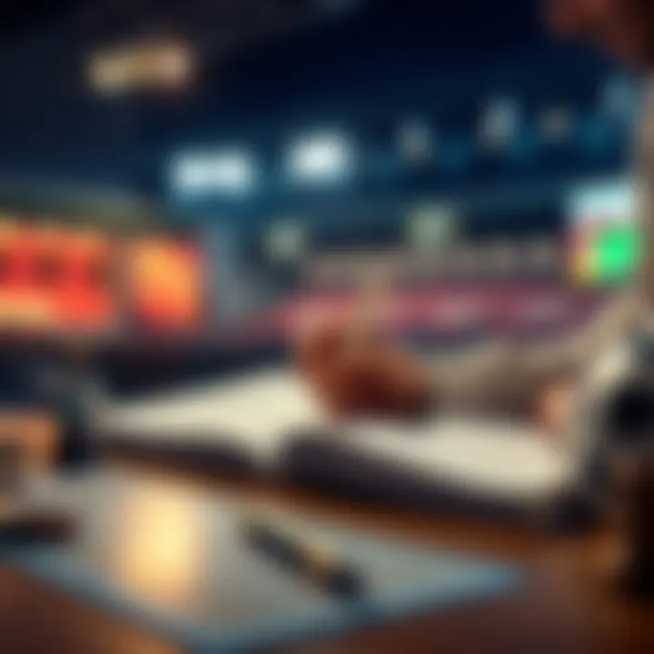 A person studying betting strategies with a notebook and a betting guide on a table