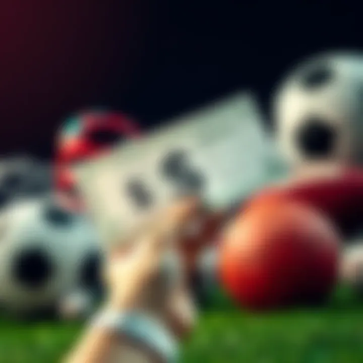 A hand holding a betting slip with a dollar sign, symbolizing using a betting bonus, surrounded by sports equipment like a soccer ball and a football.