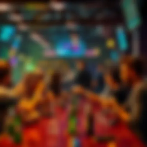 Group of people enjoying drinks while placing bets on horse races at a lively bar in Saratoga