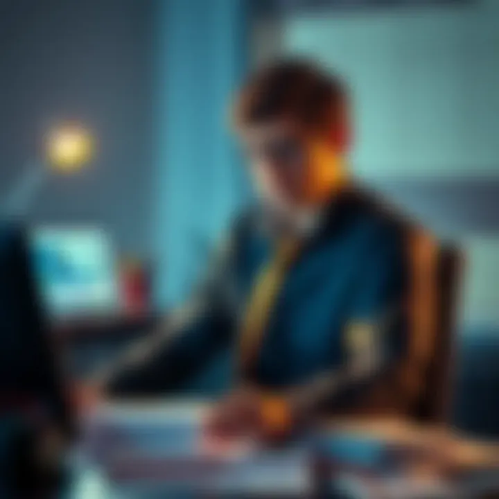 Person looking concerned about betting losses A person sitting at a desk with a worried expression, papers scattered, and a laptop open showing betting websites, representing struggles with gambling and seeking help.