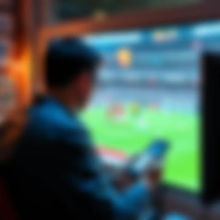 A person checks betting options on a phone while looking at a football game on TV.