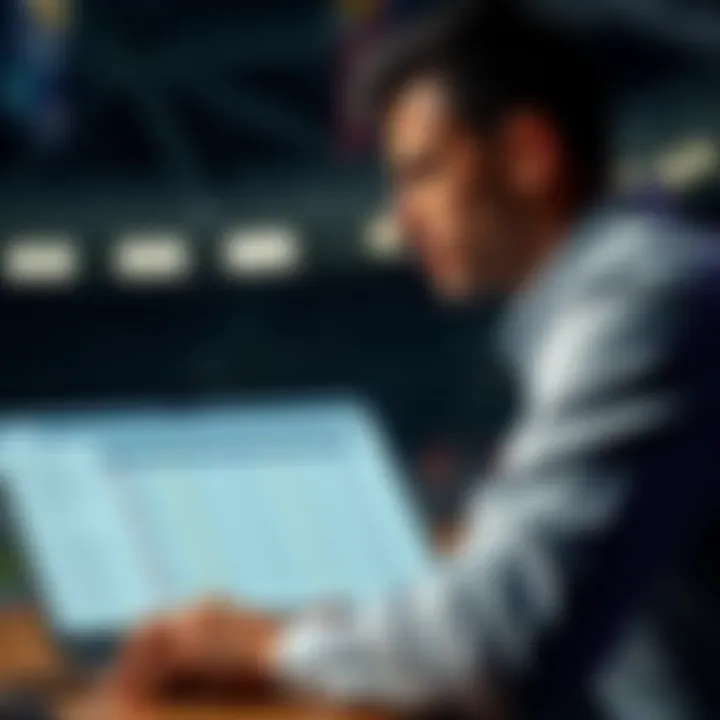A person placing a sports bet, looking determined and focused, with a laptop open showing odds and statistics