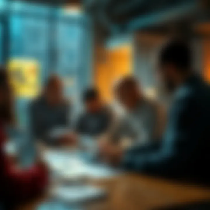 A group of people gathered around a table, analyzing betting options on a laptop and papers, with a focus on current trends and insights.