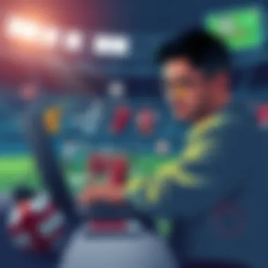 A person analyzing betting odds and strategies on a laptop with sports images around them
