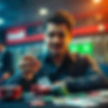A person offering money to betting experts with a confident expression, surrounded by betting tools like cards and chips.