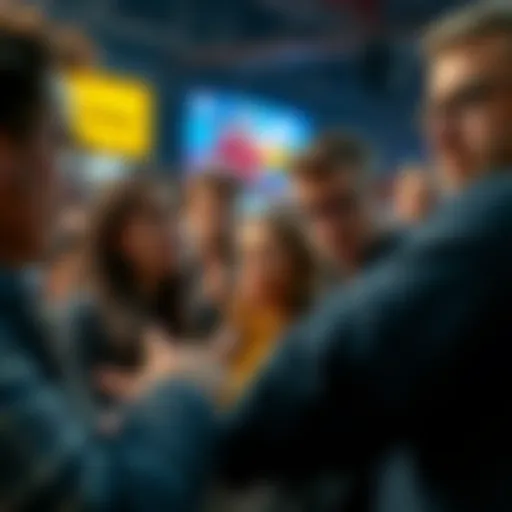 A group of people engaged in conversation about betting proposals, showing mixed emotions of skepticism and interest.