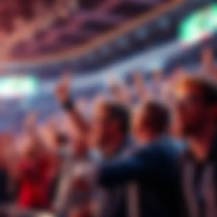 Crowd of enthusiastic bettors cheering during a sports event.