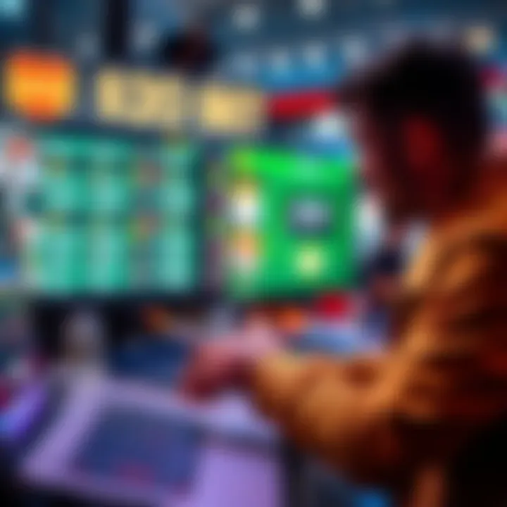 A person placing a $20 bet on a sports parlay with 13 games displayed on a screen