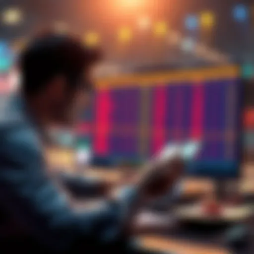 A person examining betting odds on a digital screen, surrounded by playing cards and chips, symbolizing risk management and winning tactics.