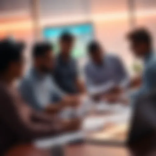 A group of people discussing betting strategies with papers and a laptop on a table