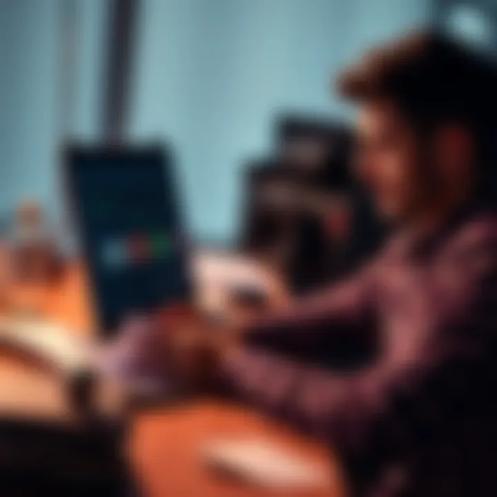 A person studying betting strategies on a laptop, surrounded by notes and betting slips