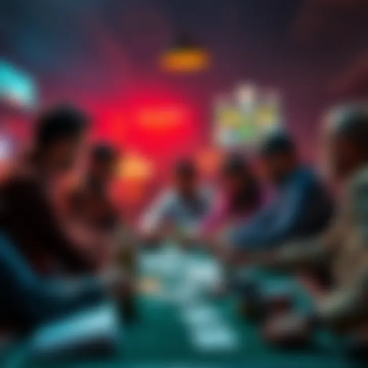 A group of players discussing betting strategies and options at a table with papers and cards