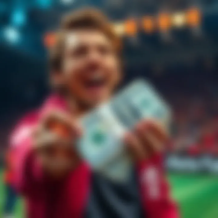 A person looks excited while holding a small stack of cash, visualizing a big win from a bet.