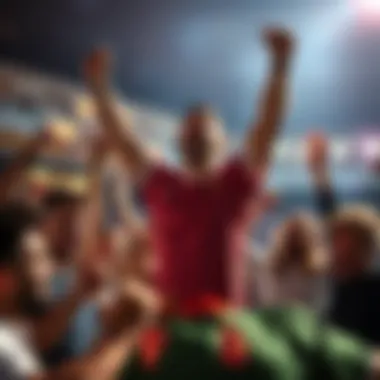 A happy bettor raises arms in triumph after winning a high reward bet on Paul instead of Ben Rice, surrounded by friends who cheer for the win.