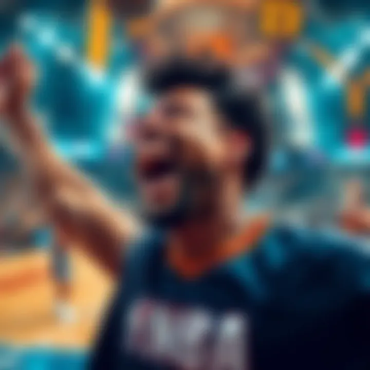 A person celebrating after winning a bet on an NBA game, showing excitement and joy. The background displays basketball court elements.