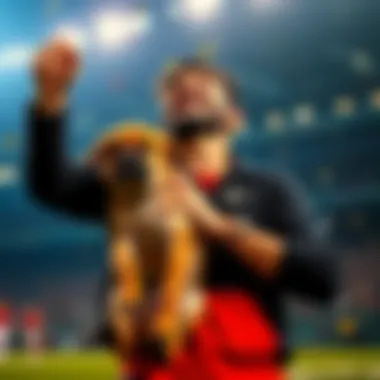 A happy person holding a dog after winning a betting parlay, symbolizing joy and new beginnings.