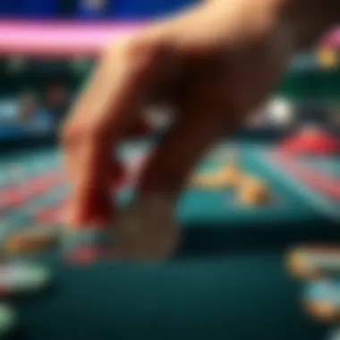 A close-up of a hand placing a 5-cent coin on a betting table, symbolizing low-stakes gambling.