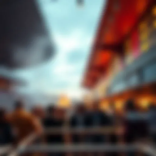 A lively scene of people placing bets at Woodbine Mohawk racetrack, with racing horses in the background