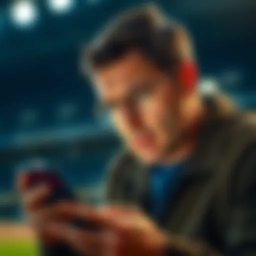 A frustrated bettor staring at a sports betting app on their phone, showing disappointment after a pitcher injury.