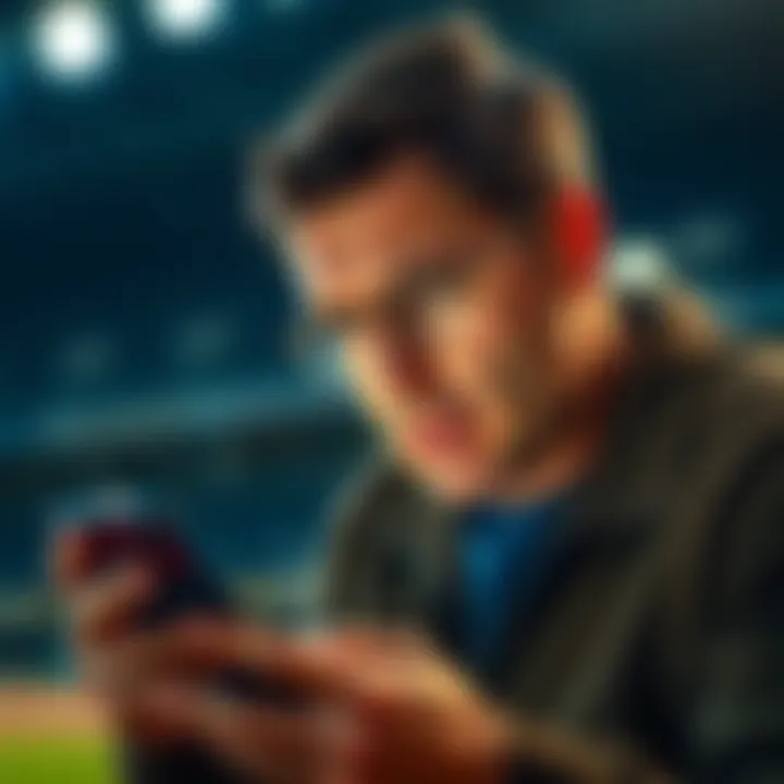 A frustrated bettor staring at a sports betting app on their phone, showing disappointment after a pitcher injury.