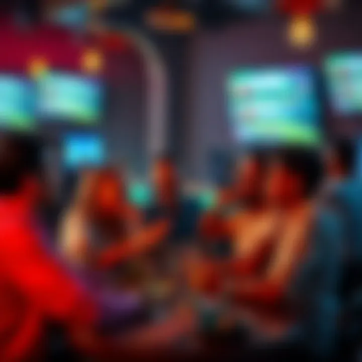 A group of people at a sports bar celebrating yesterday's betting wins and discussing new bets for today, with screens showing games in the background.