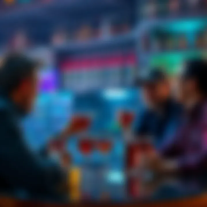 A group of bettors gathered with drinks discussing their betting options for Sunday night entertainment.