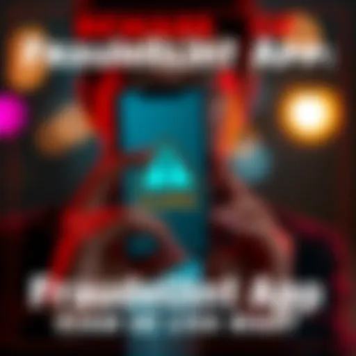 Beware of Fraudulent App A person looking concerned while holding a smartphone with a warning symbol on the screen, representing a fraudulent app