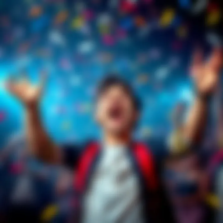 A person excitedly celebrating four big wins from $1 bets, with joyous expressions and confetti in the background.