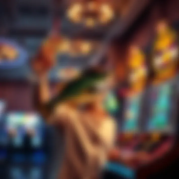 A person celebrating a big win at a Big Bass slots machine with drinks in hand and bright lights in the background.