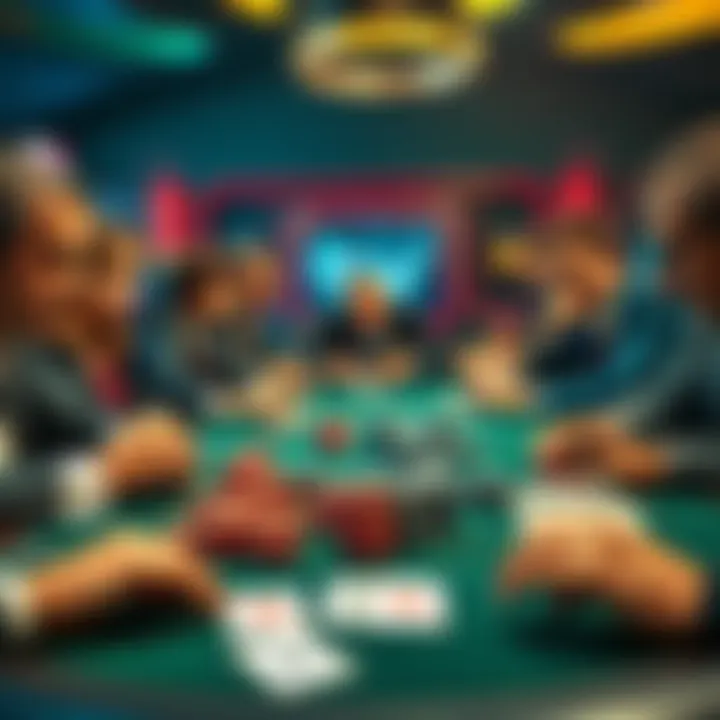 A high-stakes poker table featuring players with focused expressions, colorful chips, and cards showing various hands in a Big O game. The setting has a lively atmosphere with intense competition.