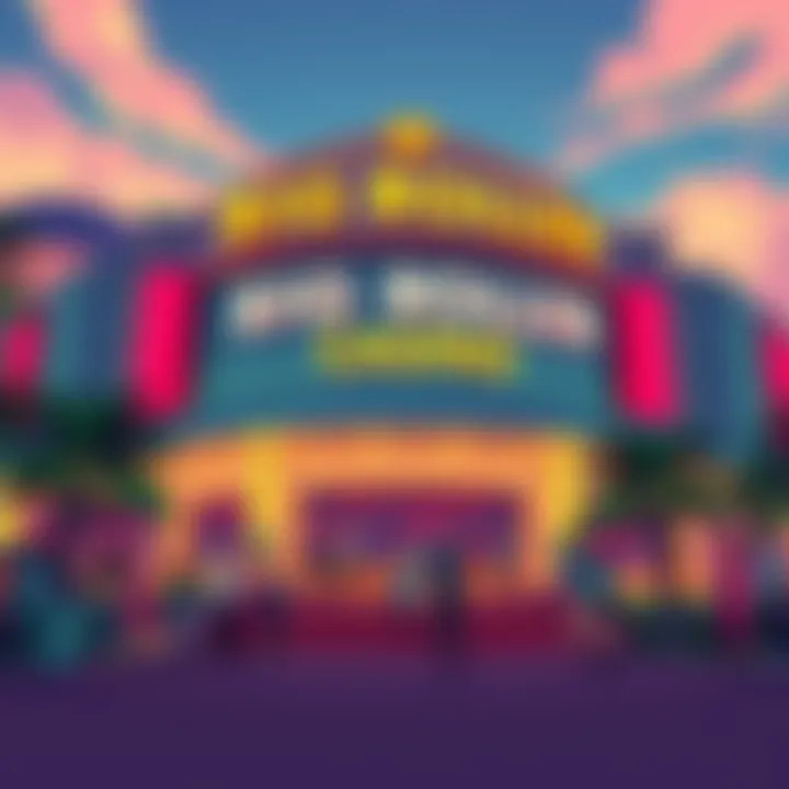 An illustration showing the exterior of Big Roller Casino with people enjoying games and activities outside.