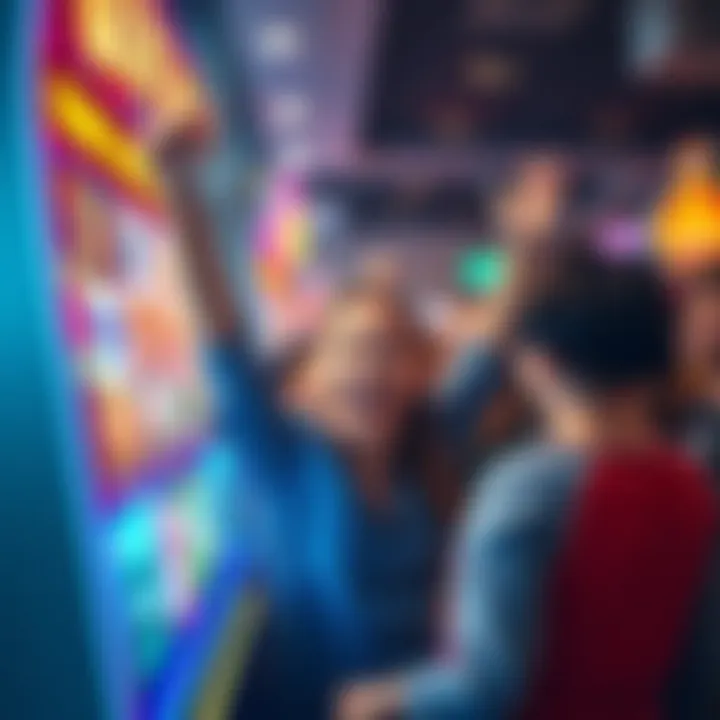 A happy person celebrating a big win at a slot machine with friends around them.