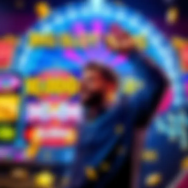 Big Slot Wins A player celebrating huge slot machine wins with colorful graphics showing 10,000x, 232x, and 556x multipliers.