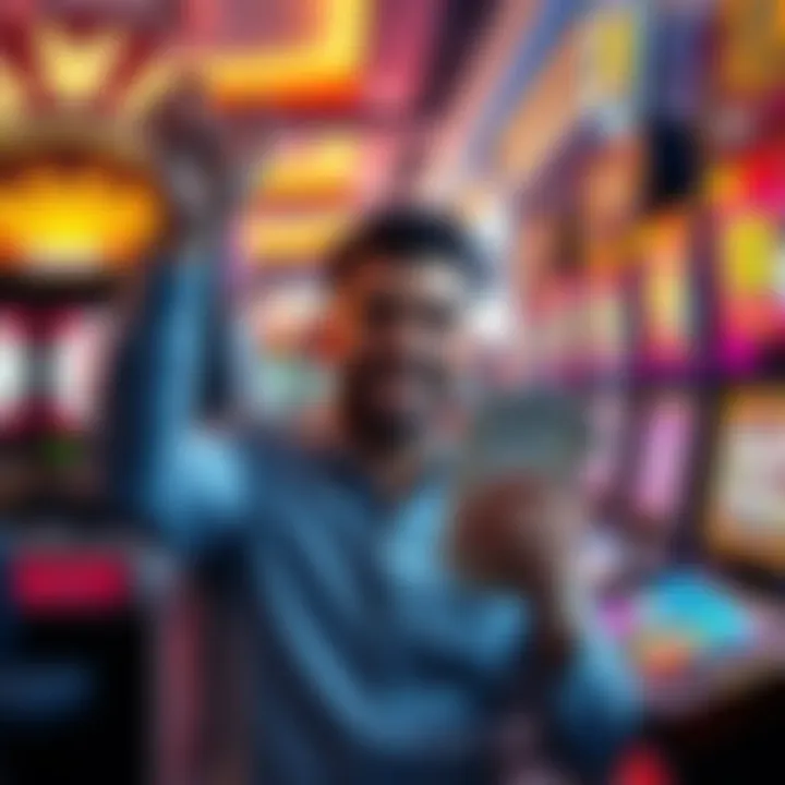 A player with a big smile holding cash in front of a slot machine after winning