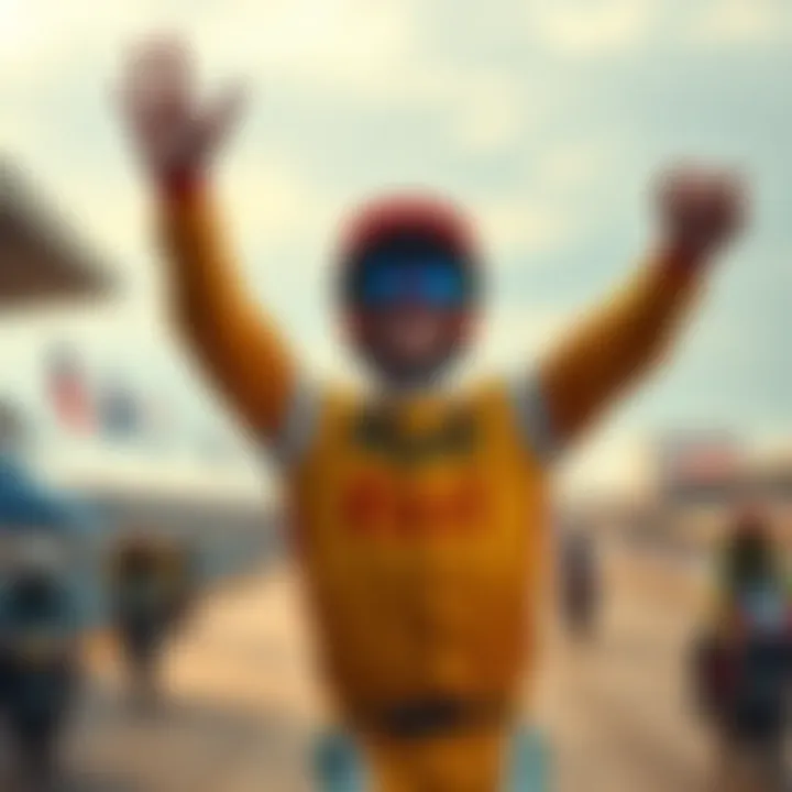Bill Mott raising his arms in celebration after a race win, with Damn Baeza in the background