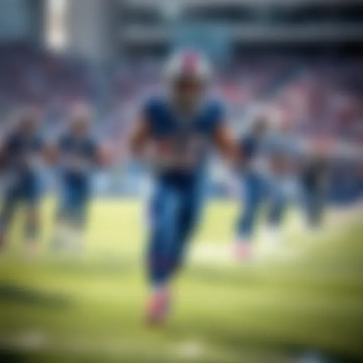 Buffalo Bills players warming up on the field before a game, looking determined and focused
