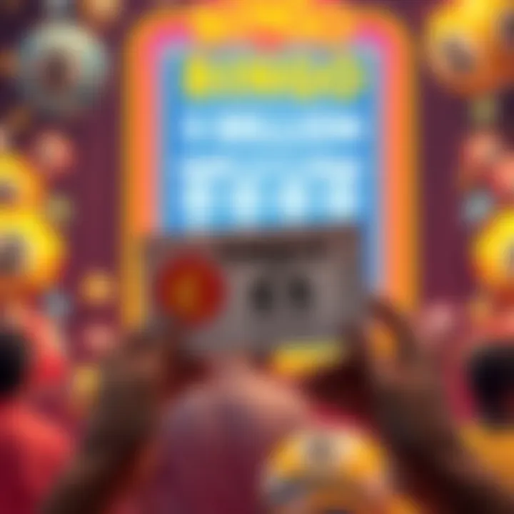 A person holding a Bingo FUNalo ticket with excitement, showing the ₱5 entry fee. The background includes colorful bingo balls and a prize board displaying ₱5 million.