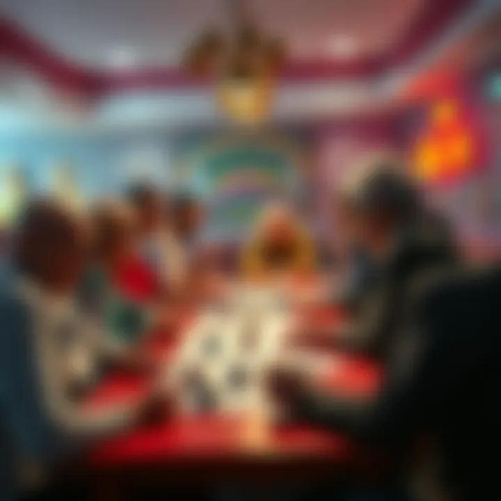 People gathered around a bingo game table, marking their cards and enjoying the game together.