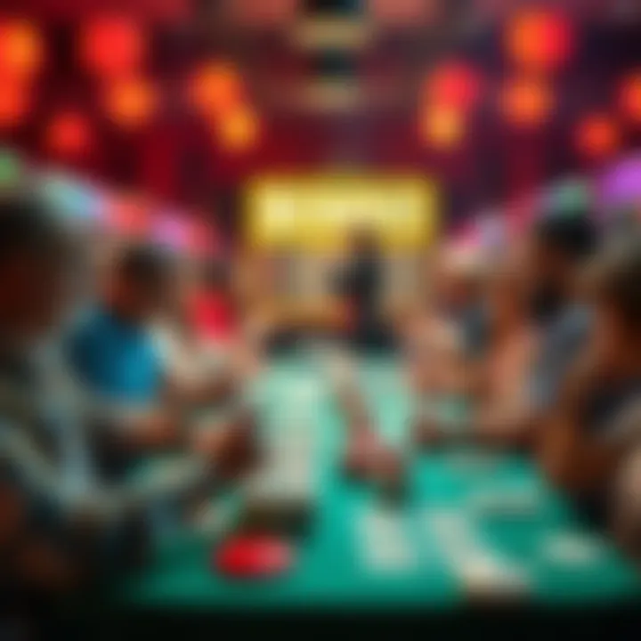 Bingo Game Setup A lively bingo game in progress with players marking their cards and a caller announcing numbers.