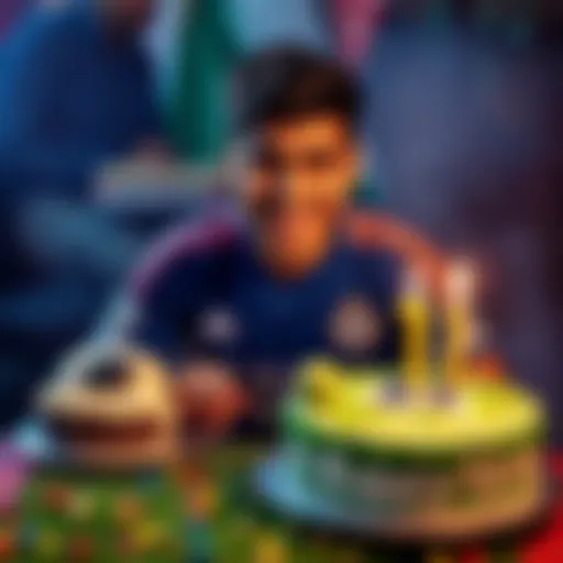 A person celebrating a birthday while wearing a favorite football jersey and holding a cake decorated with a football design