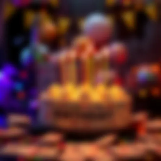 A festive scene showing a cake with candles and money around it to represent a birthday bonus, emphasizing excitement and rewards.