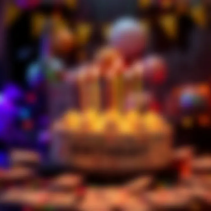 A festive scene showing a cake with candles and money around it to represent a birthday bonus, emphasizing excitement and rewards.