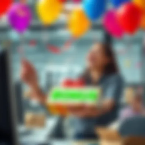 An office worker happily receiving a bonus on their work anniversary with balloons and confetti in the background.