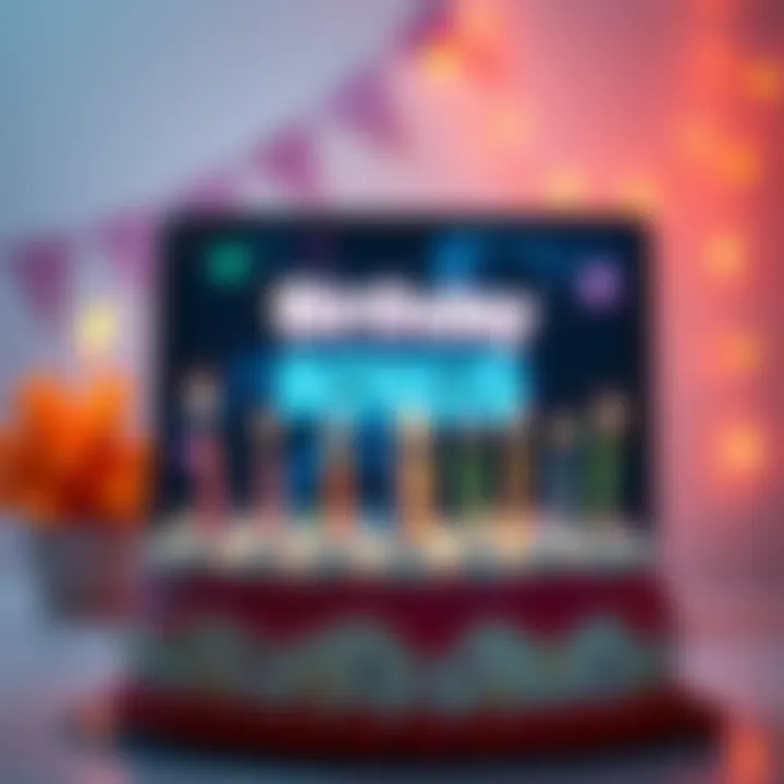 A colorful birthday cake with candles and a computer screen displaying a bonus link