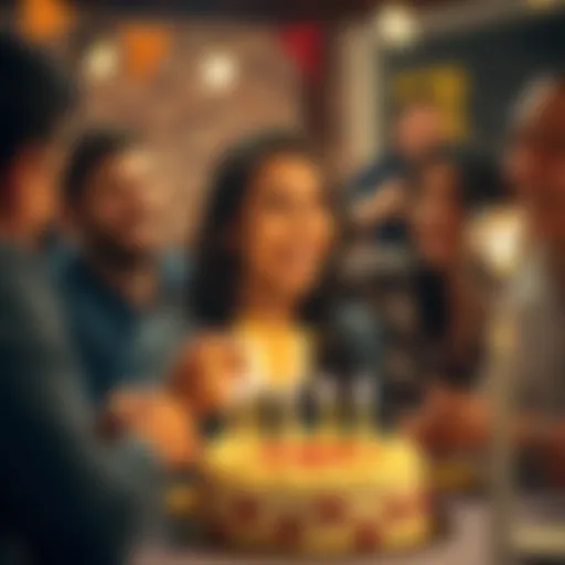 A joyful person celebrating their 27th birthday with a small gift and a cake, surrounded by friends and laughter.