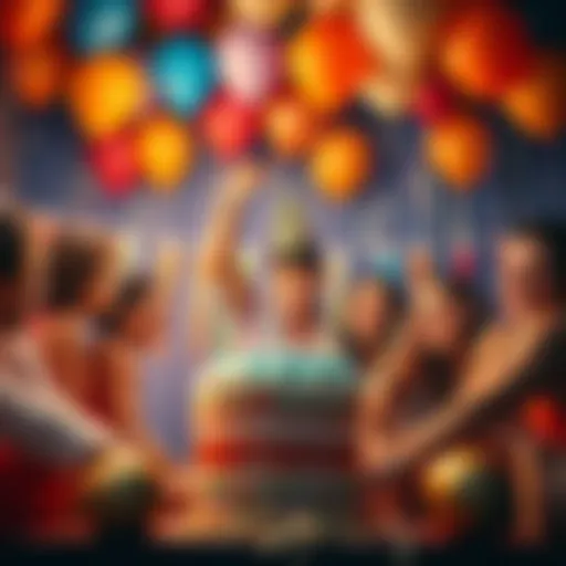 A vibrant birthday party scene with balloons and friends gathered around a cake, celebrating together.