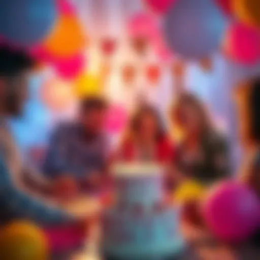 A festive birthday party scene with friends placing friendly bets on games and activities, surrounded by balloons and cake.